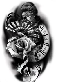 Geisha Rose Musik Uhr Sch&auml;del Totenkopf Tattoovorlage